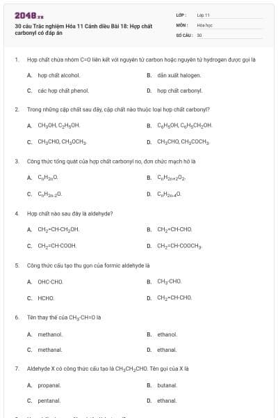 30 câu Trắc nghiệm Hóa 11 Cánh diều Bài 18: Hợp chất carbonyl có đáp án
