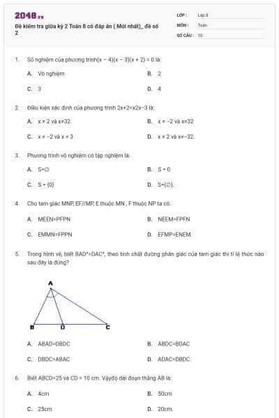 Đề kiểm tra giữa kỳ 2 Toán 8 có đáp án ( Mới nhất)_ đề số 2