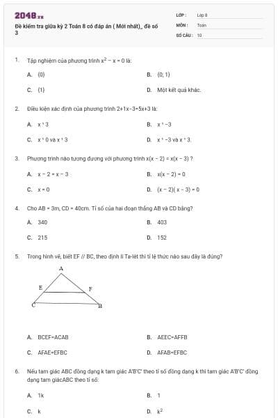 Đề kiểm tra giữa kỳ 2 Toán 8 có đáp án ( Mới nhất)_ đề số 3