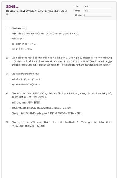 Đề kiểm tra giữa kỳ 2 Toán 8 có đáp án ( Mới nhất)_ đề số 4