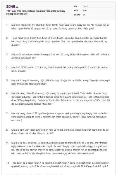7881 câu  Trắc nghiệm tổng hợp môn Toán 2023 cực hay có đáp án (Phần 95)