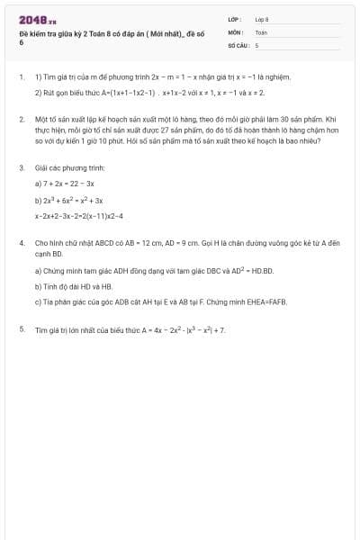 Đề kiểm tra giữa kỳ 2 Toán 8 có đáp án ( Mới nhất)_ đề số 6