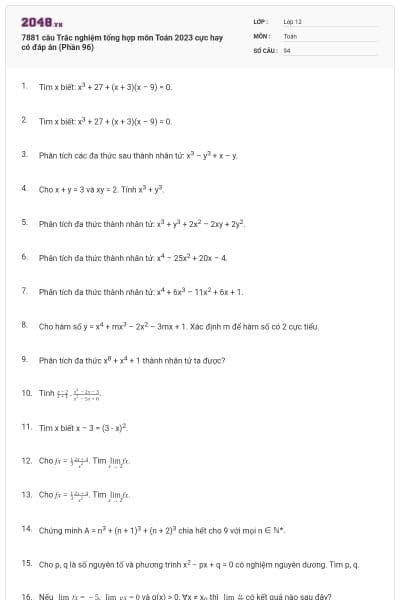 7881 câu  Trắc nghiệm tổng hợp môn Toán 2023 cực hay có đáp án (Phần 96)