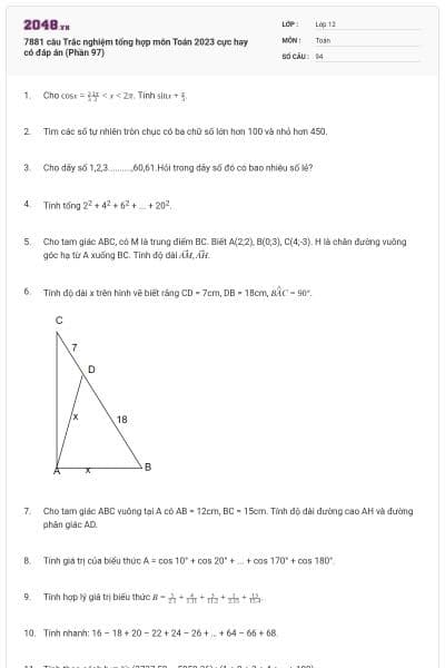 7881 câu  Trắc nghiệm tổng hợp môn Toán 2023 cực hay có đáp án (Phần 97)