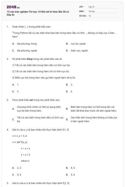 15 câu trắc nghiệm Tin học 10 Kết nối tri thức Bài 28 có đáp án