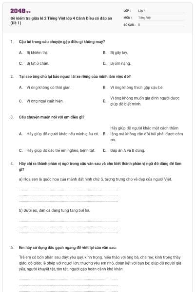 Đề kiểm tra giữa kì 2 Tiếng Việt lớp 4 Cánh Diều có đáp án (Đề 1)