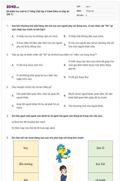Đề kiểm tra cuối kì 2 Tiếng Việt lớp 4 Cánh Diều có đáp án (Đề 1)