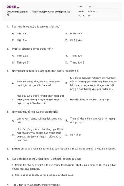 Đề kiểm tra giữa kì 1 Tiếng Việt lớp 4 CTST có đáp án (Đề 2)