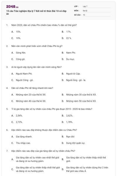 15 câu Trắc nghiệm Địa lý 7 Kết nối tri thức Bài 10 có đáp án