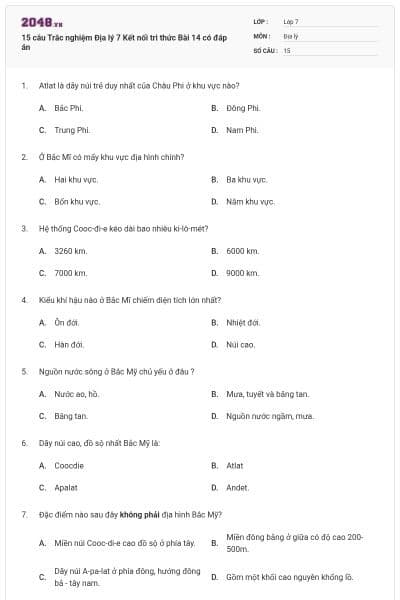 15 câu Trắc nghiệm Địa lý 7 Kết nối tri thức Bài 14 có đáp án