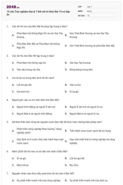 15 câu Trắc nghiệm Địa lý 7 Kết nối tri thức Bài 15 có đáp án