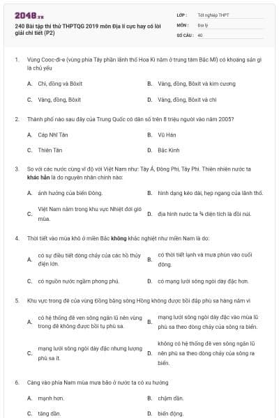 240 Bài tập thi thử THPTQG 2019 môn Địa lí cực hay có lời giải chi tiết (P2)