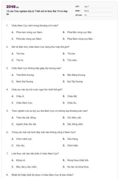 15 câu Trắc nghiệm Địa lý 7 Kết nối tri thức Bài 19 có đáp án