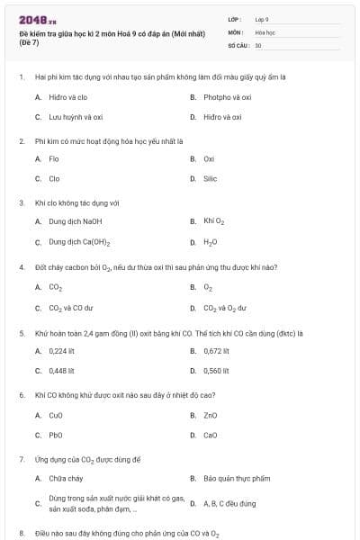 Đề kiểm tra giữa học kì 2 môn Hoá 9 có đáp án (Mới nhất) (Đề 7)
