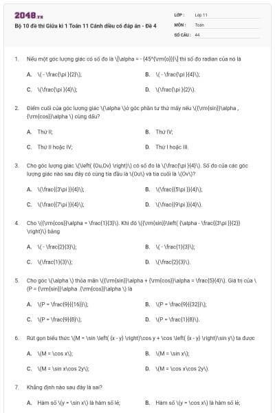Bộ 10 đề thi Giữa kì 1 Toán 11 Cánh diều có đáp án - Đề 4