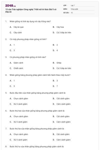 15 câu Trắc nghiệm Công nghệ 7 Kết nối tri thức Bài 5 có đáp án