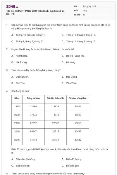 400 Bài thi thử THPTQG 2019 môn Địa Lí cực hay có lời giải (P6)