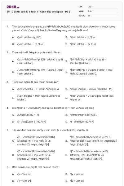 Bộ 10 đề thi cuối kì 1 Toán 11 Cánh diều có đáp án - Đề 2