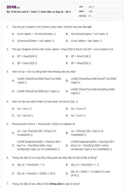 Bộ 10 đề thi cuối kì 1 Toán 11 Cánh diều có đáp án - Đề 6