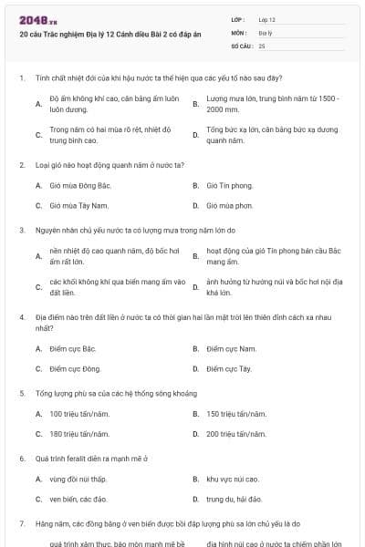 20 câu Trắc nghiệm Địa lý 12 Cánh diều Bài 2 có đáp án