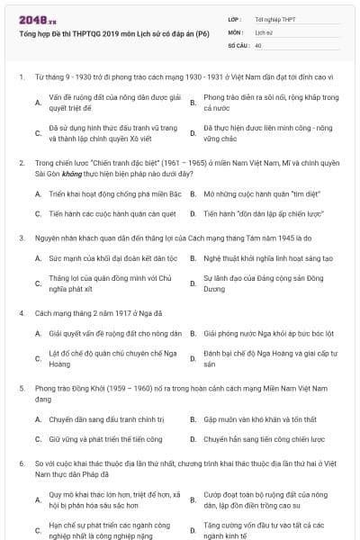 Tổng hợp Đề thi THPTQG 2019 môn Lịch sử có đáp án (P6)