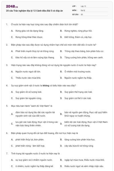 20 câu Trắc nghiệm Địa lý 12 Cánh diều Bài 5 có đáp án