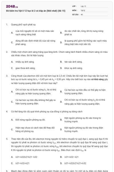 Đề kiểm tra Vật lí 12 học kì 2 có đáp án (Mới nhất) (Đề 15)