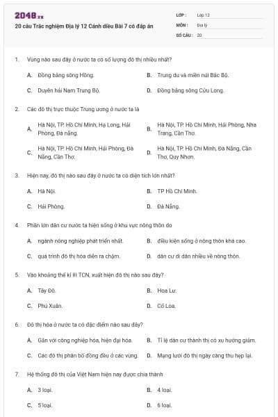 20 câu Trắc nghiệm Địa lý 12 Cánh diều Bài 7 có đáp án