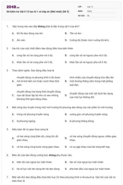 Đề kiểm tra Vật lí 12 học kì 1 có đáp án (Mới nhất) (Đề 5)