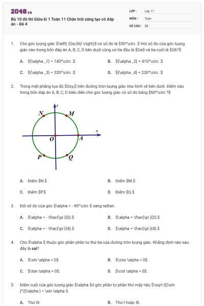 Bộ 10 đề thi Giữa kì 1 Toán 11 Chân trời sáng tạo có đáp án - Đề 4