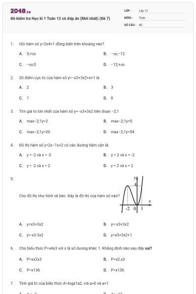 Đề kiểm tra Học kì 1 Toán 12 có đáp án (Mới nhất) (Đề 7)