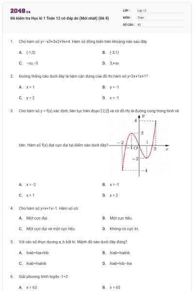 Đề kiểm tra Học kì 1 Toán 12 có đáp án (Mới nhất) (Đề 8)