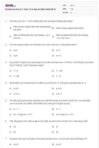 Đề kiểm tra Học kì 1 Toán 12 có đáp án (Mới nhất) (Đề 9)
