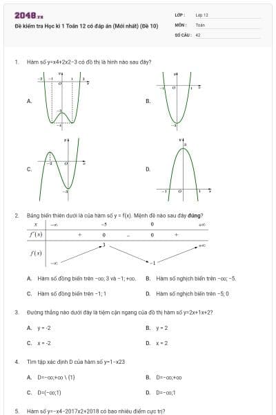 Đề kiểm tra Học kì 1 Toán 12 có đáp án (Mới nhất) (Đề 10)