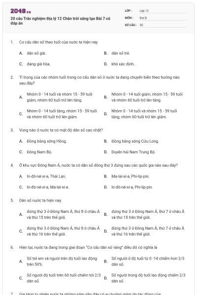 20 câu Trắc nghiệm Địa lý 12 Chân trời sáng tạo Bài 7 có đáp án