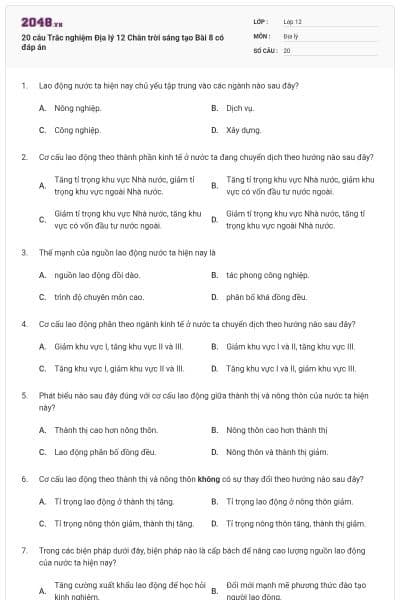 20 câu Trắc nghiệm Địa lý 12 Chân trời sáng tạo Bài 8 có đáp án