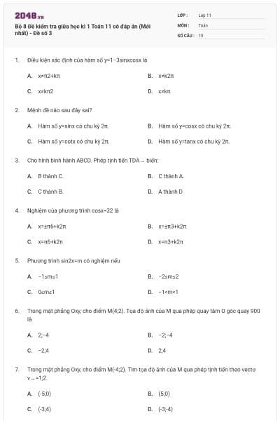 Bộ 8  Đề kiểm tra giữa học kì 1 Toán 11 có đáp án (Mới nhất) - Đề số 3