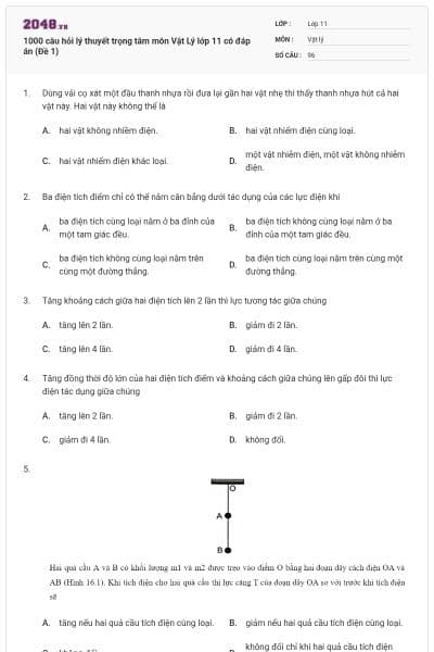 1000 câu hỏi lý thuyết trọng tâm môn Vật Lý lớp 11 có đáp án (Đề 1)