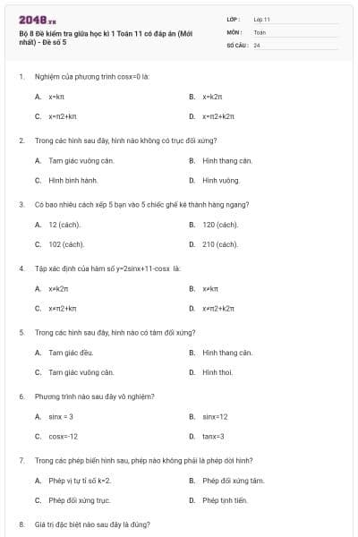 Bộ 8 Đề kiểm tra giữa học kì 1 Toán 11 có đáp án (Mới nhất) - Đề số 5