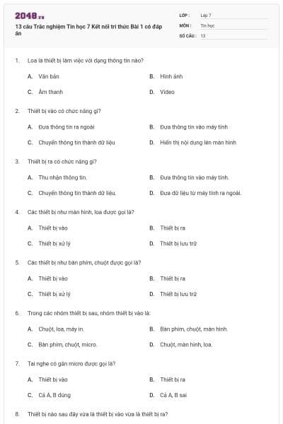 13 câu Trắc nghiệm Tin học 7 Kết nối tri thức Bài 1 có đáp án