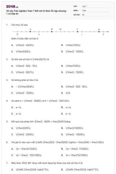 30 câu Trắc nghiệm Toán 7 Kết nối tri thức Ôn tập chương 1 có đáp án