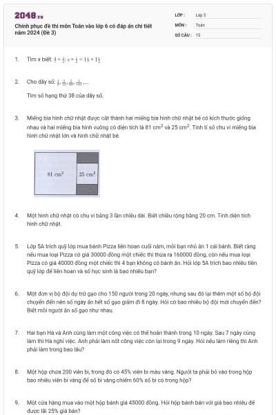 Chinh phục đề thi môn Toán vào lớp 6 có đáp án chi tiết năm 2024 (Đề 3)