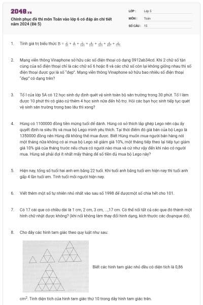 Chinh phục đề thi môn Toán vào lớp 6 có đáp án chi tiết năm 2024 (Đề 5)