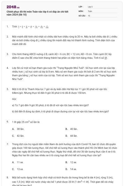 Chinh phục đề thi môn Toán vào lớp 6 có đáp án chi tiết năm 2024 (Đề 10)