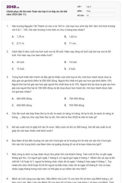 Chinh phục đề thi môn Toán vào lớp 6 có đáp án chi tiết năm 2024 (Đề 11)