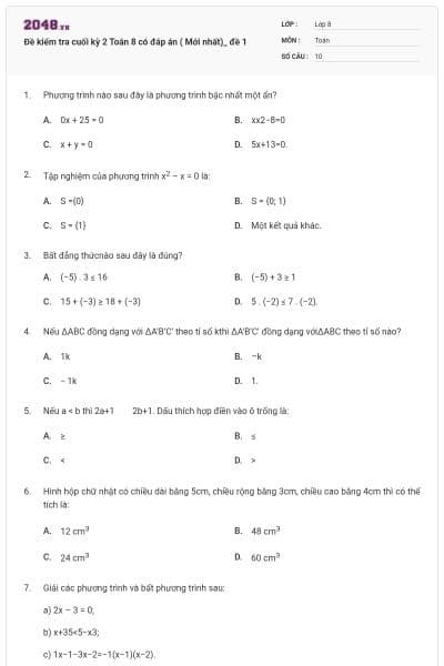 Đề kiểm tra cuối kỳ 2 Toán 8 có đáp án ( Mới nhất)_ đề 1