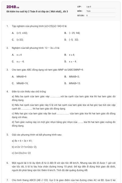 Đề kiểm tra cuối kỳ 2 Toán 8 có đáp án ( Mới nhất)_ đề 3
