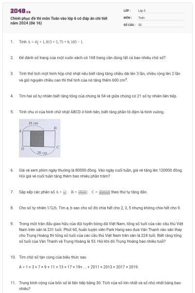 Chinh phục đề thi môn Toán vào lớp 6 có đáp án chi tiết năm 2024 (Đề 16)