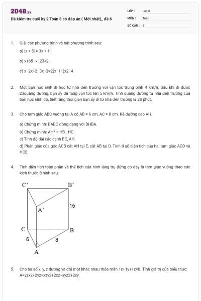 Đề kiểm tra cuối kỳ 2 Toán 8 có đáp án ( Mới nhất)_ đề 6