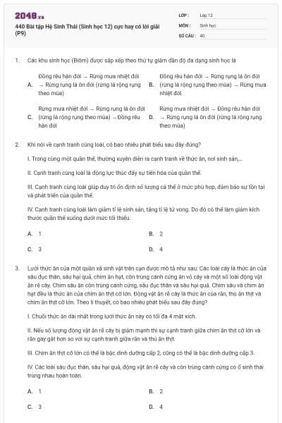 440 Bài tập Hệ Sinh Thái (Sinh học 12) cực hay có lời giải (P9)